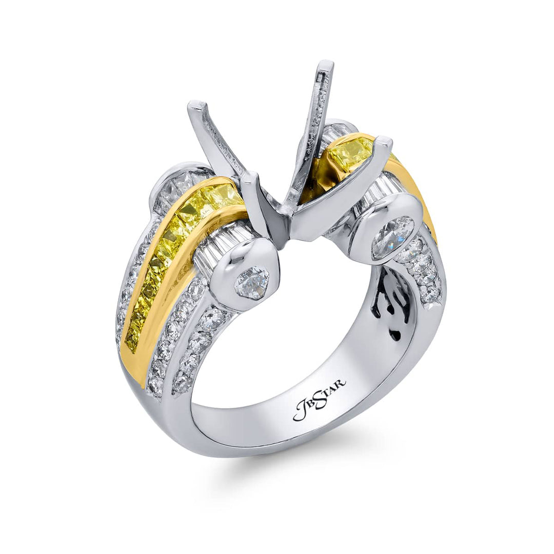 Dazzling Brilliance: Our timeless Diamond Semi-mount. These stunning princess-cut fancy yellow diamonds blended with tapered baguettes pear-shaped and micro pave diamonds are handcrafted in pure platinum and 18KY gold.