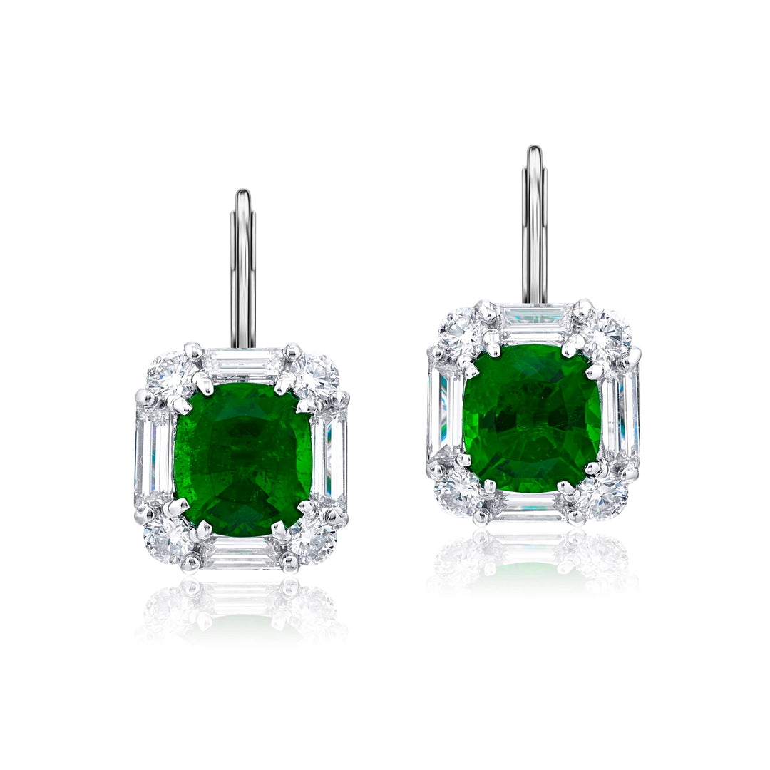 Platinum Cushion-Cut Emerald Certified Drop Earrings