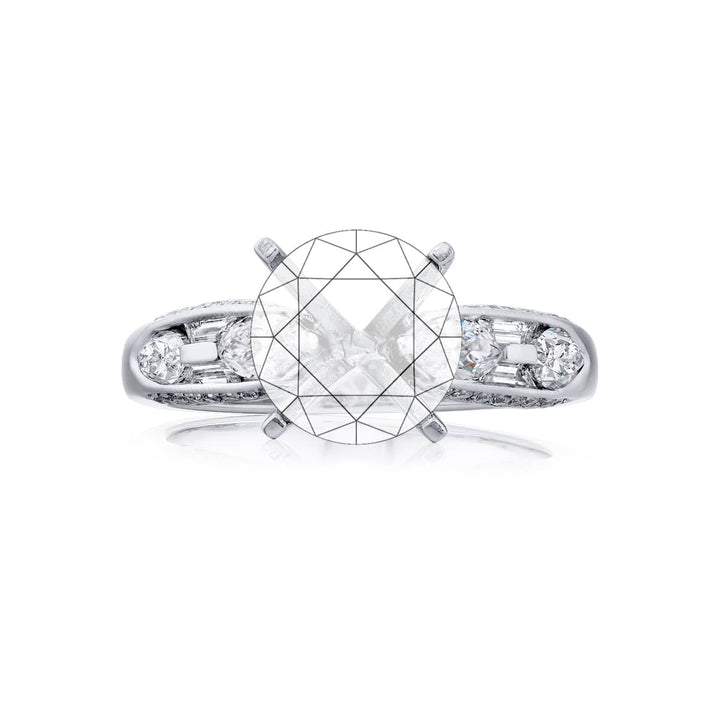 Dazzling Brilliance: Our timeless East-West Diamond Semi-mount. These stunning marquise diamonds embraced by trapezoid and micro pave diamonds are handcrafted in pure platinum.