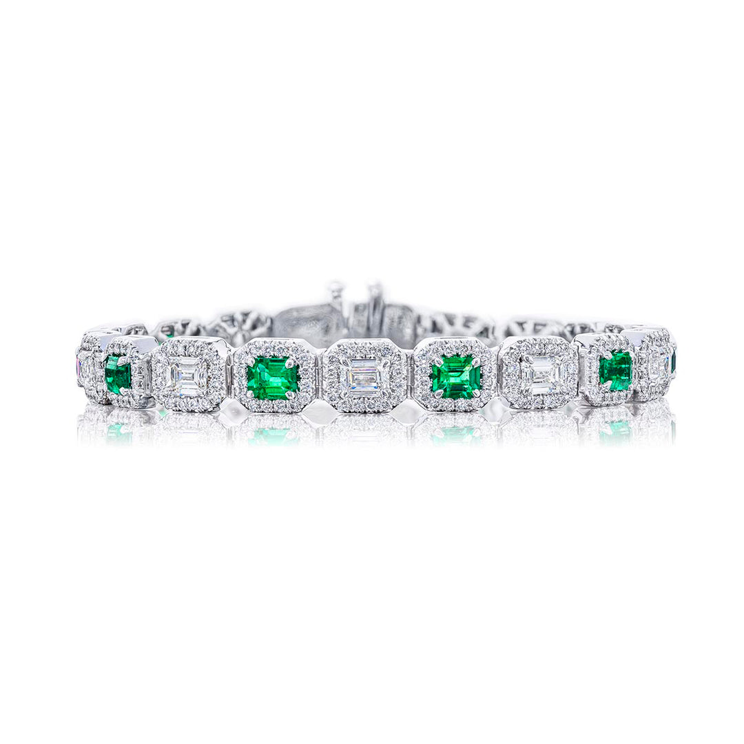 Platinum Emerald-Cut Emerald and Diamond Bracelet