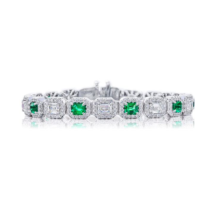 Platinum Emerald-Cut Emerald and Diamond Bracelet