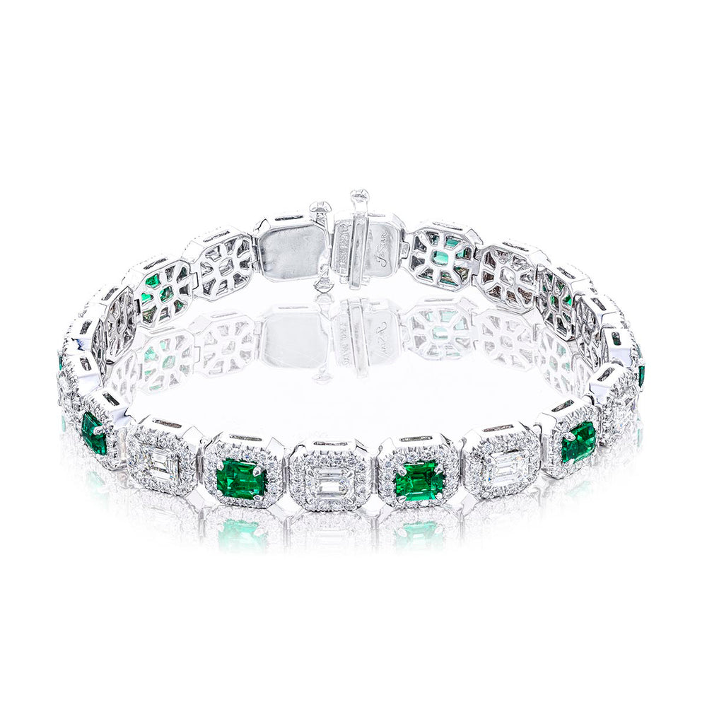 Platinum Emerald-Cut Emerald and Diamond Bracelet