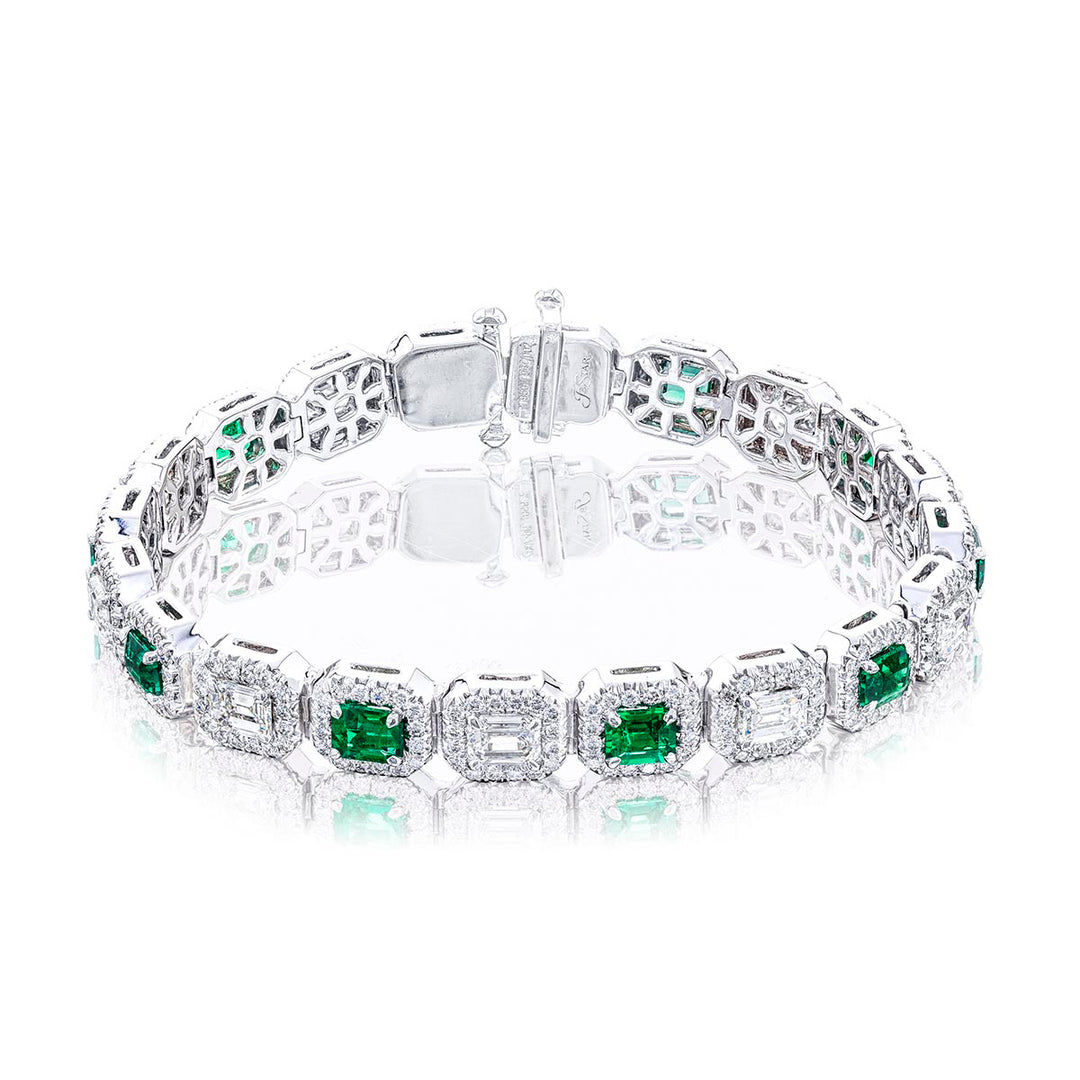 Platinum Emerald-Cut Emerald and Diamond Bracelet