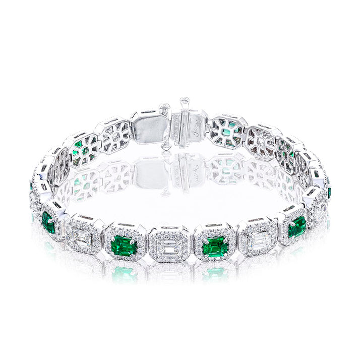 Platinum Emerald-Cut Emerald and Diamond Bracelet