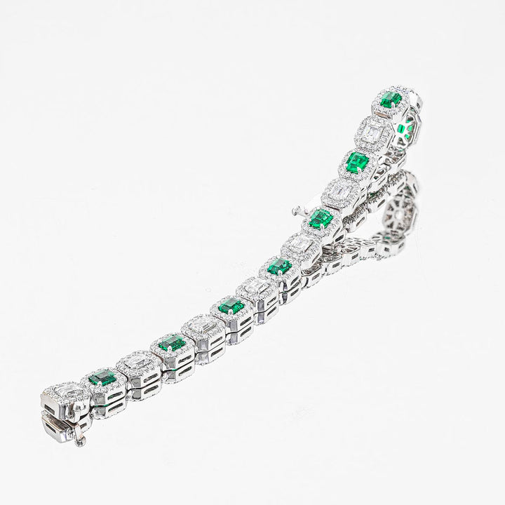 Platinum Emerald-Cut Emerald and Diamond Bracelet