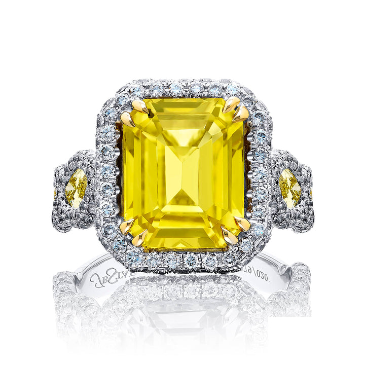 Platinum and 18K Yellow Gold Marquise Sri Lankan Yellow Sapphire Certified Micro Pave Ring
