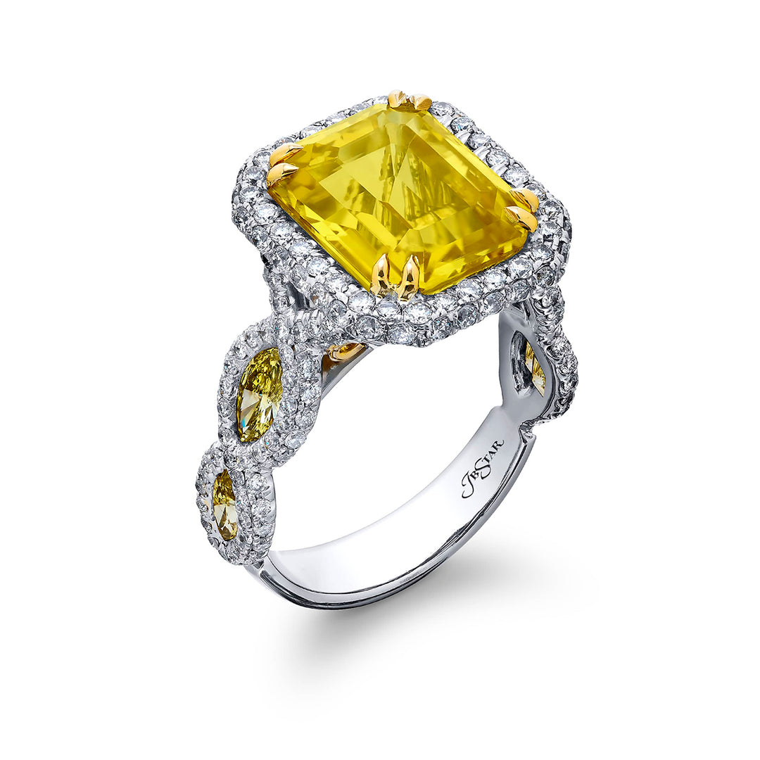 Platinum and 18K Yellow Gold Marquise Sri Lankan Yellow Sapphire Certified Micro Pave Ring