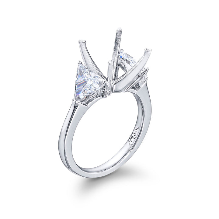 Gorgeous diamond semi-mount featuring perfectly matched trillion diamonds. Handcrafted in pure platinum.