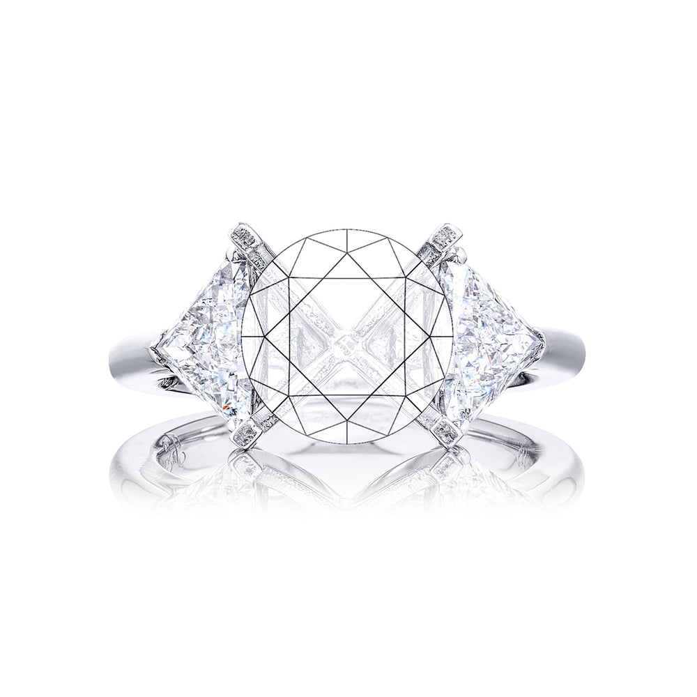 Gorgeous diamond semi-mount featuring perfectly matched trillion diamonds. Handcrafted in pure platinum.