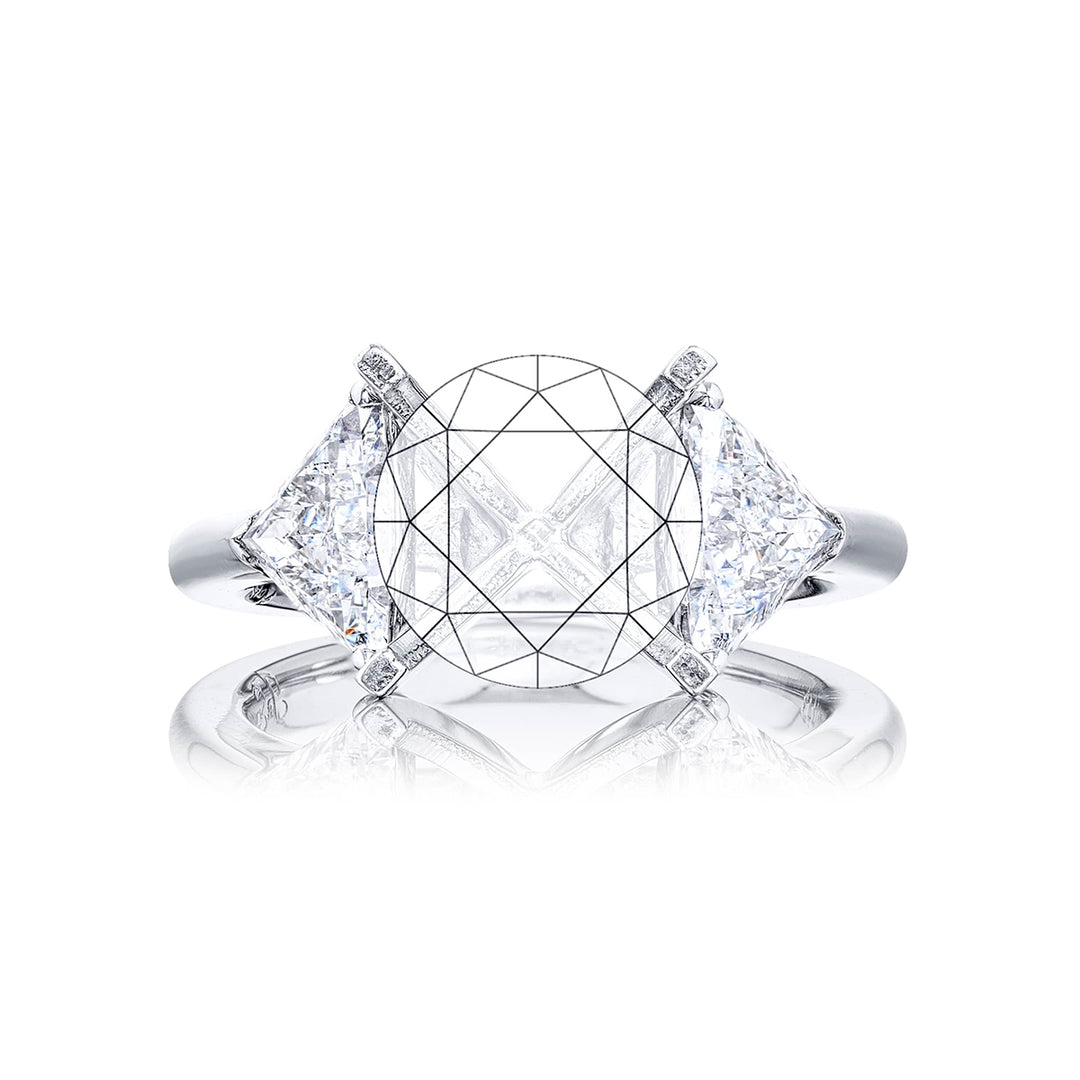 Gorgeous diamond semi-mount featuring perfectly matched trillion diamonds. Handcrafted in pure platinum.