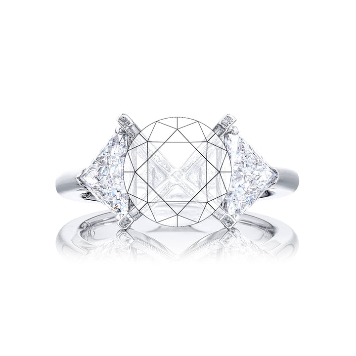 Gorgeous diamond semi-mount featuring perfectly matched trillion diamonds. Handcrafted in pure platinum.