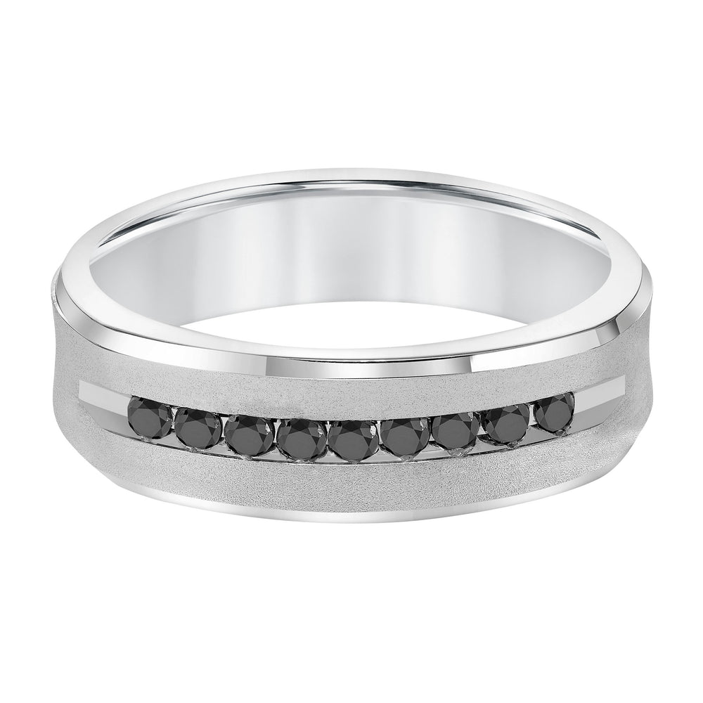 Luxuriously designed, this 9 stone black diamond wedding band features a low-domed, semi-square profile with a soft sand finish and flat edges