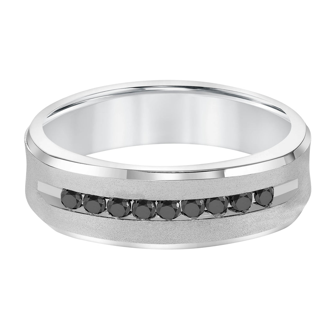 Luxuriously designed, this 9 stone black diamond wedding band features a low-domed, semi-square profile with a soft sand finish and flat edges