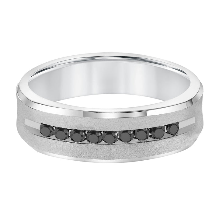 Luxuriously designed, this 9 stone black diamond wedding band features a low-domed, semi-square profile with a soft sand finish and flat edges