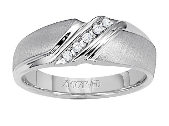 Comfort Fit weddding band with tension set diamonds and vertical brushed finish