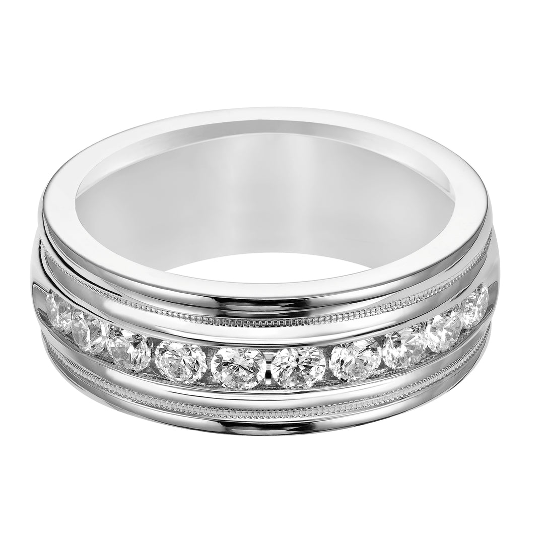 Traditional milgrain paired with a modern, bright finish, round edges and 10 stone channel set diamonds are the perfect combination for this exquisite, Comfort Fit, wedding band