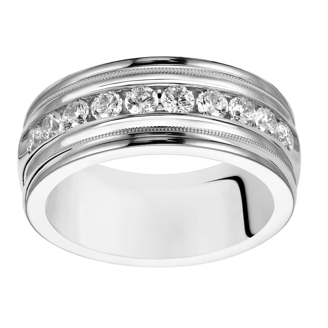 Traditional milgrain paired with a modern, bright finish, round edges and 10 stone channel set diamonds are the perfect combination for this exquisite, Comfort Fit, wedding band