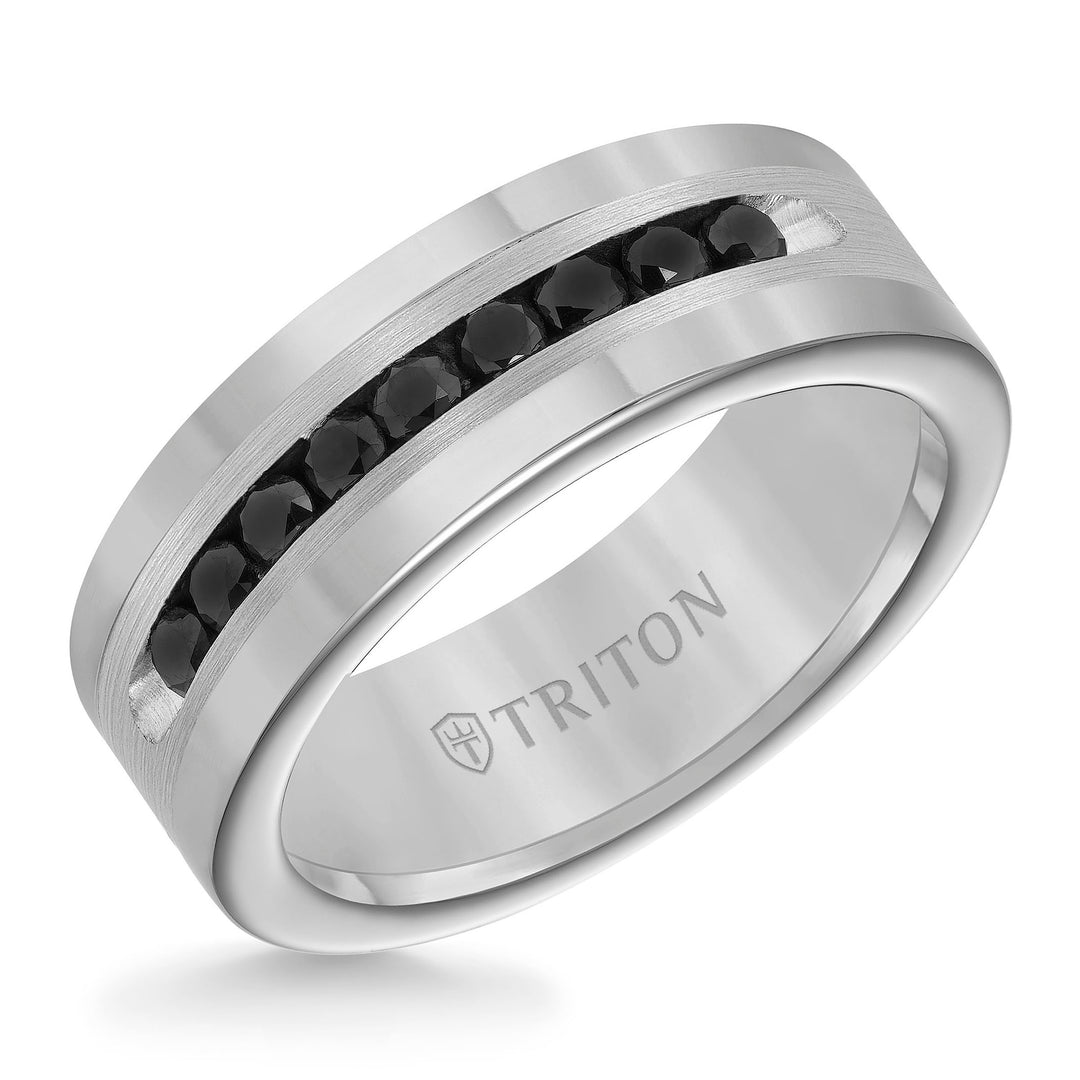 8MM Bright Polished Tungsten Carbide Comfort Fit band with Brush Finish Silver Inlay and 1/2 carat of Channel Set Black Diamonds.
