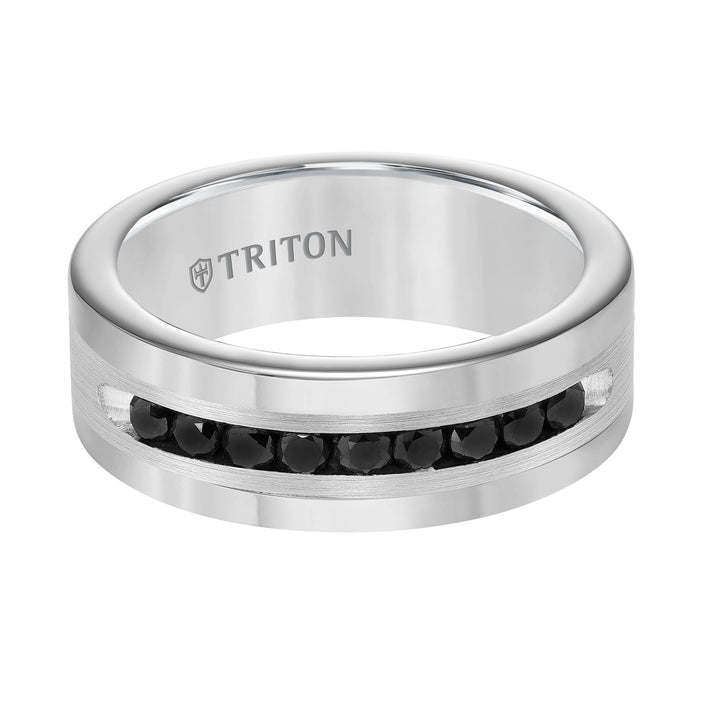 8MM Bright Polished Tungsten Carbide Comfort Fit band with Brush Finish Silver Inlay and 1/2 carat of Channel Set Black Diamonds.