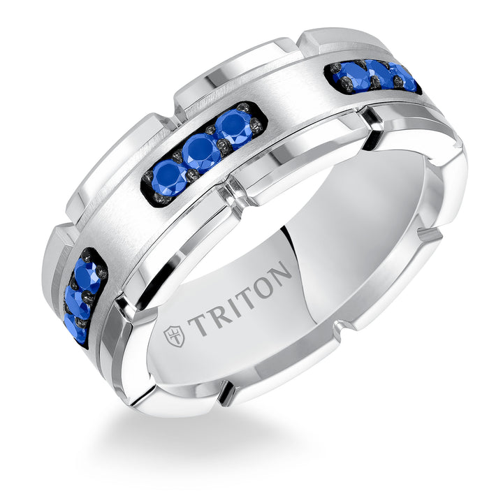 8mm White Tungsten Carbide Ring with Blue Sapphire Satin Center and Link Edge