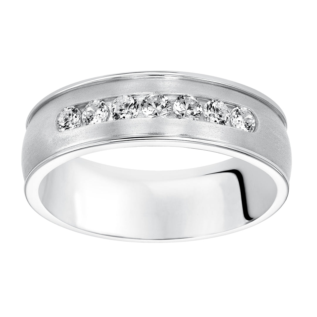 Distinct yet timeless, this low-domed, Comfort Fit, 7 stone diamond wedding band features satin finish with round edges