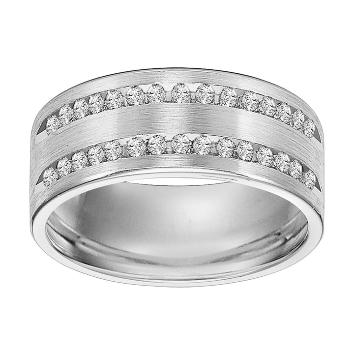 This 2 row, 30 stone diamond wedding band is Comfort Fit and features a satin finish and rolled edges for a grand look sure to make a statement