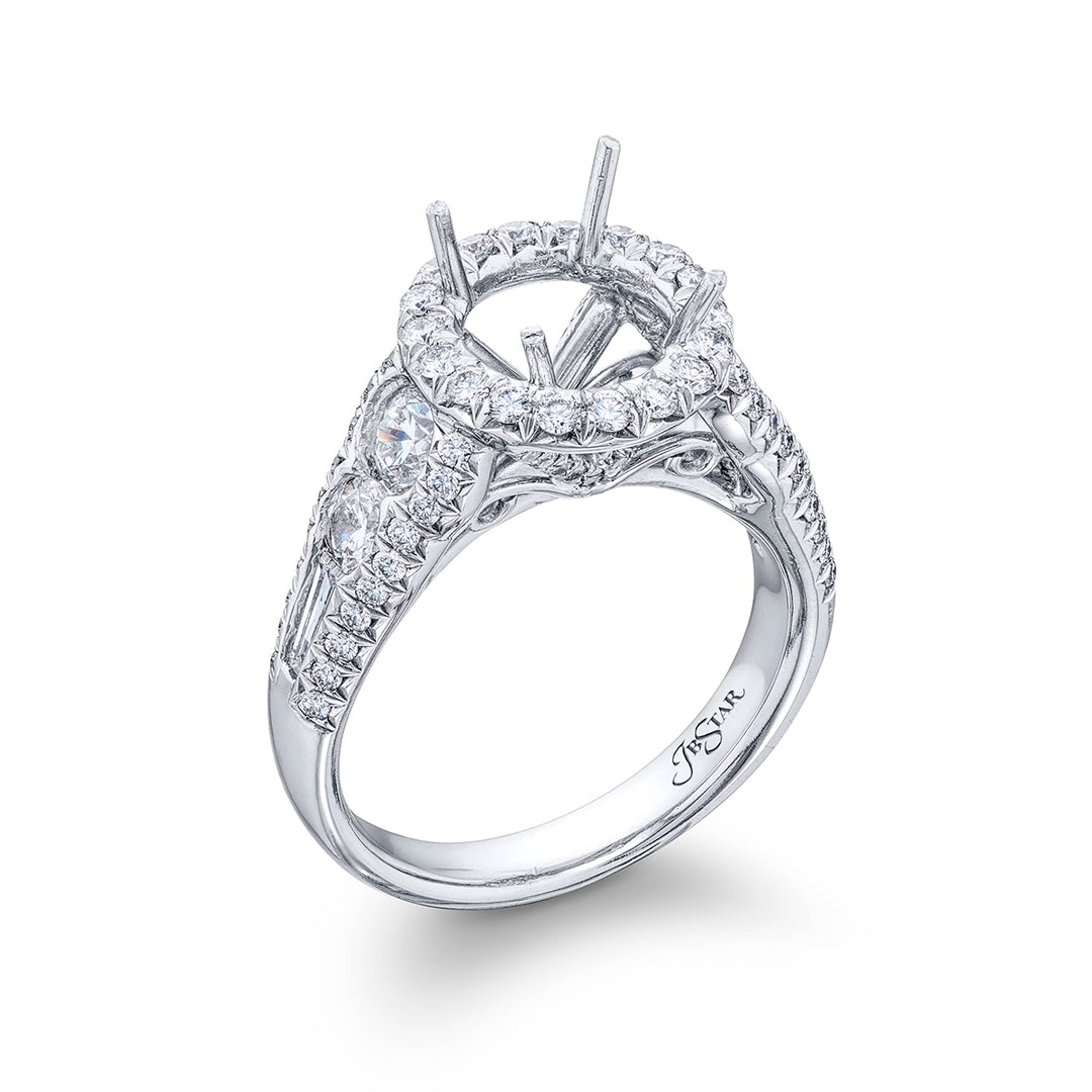 Dazzling Brilliance: Our timeless diamond halo semi-mount. This blend of round and tapered baguette diamonds is embraced by micro pave diamonds elevating the halo. All handcrafted in pure platinum.