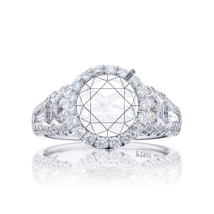 Dazzling Brilliance: Our timeless diamond halo semi-mount. This blend of round and tapered baguette diamonds is embraced by micro pave diamonds elevating the halo. All handcrafted in pure platinum.