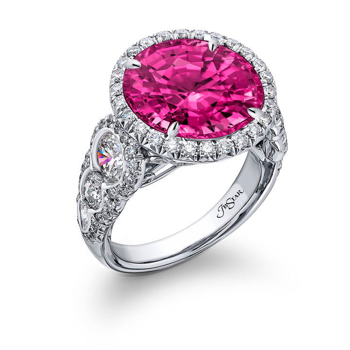 Platinum Round No-Heat Burmese Pink Spinel Certified Micro Pave Ring