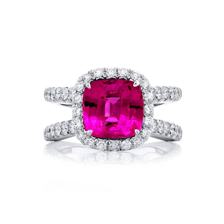 Platinum Cushion-Cut No-Heat Pink Sapphire Micro Pave Ring