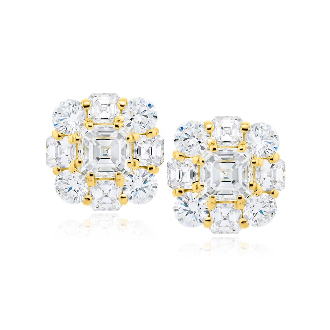 18K Yellow Gold Square Emerald-Cut Diamond Stud Earrings