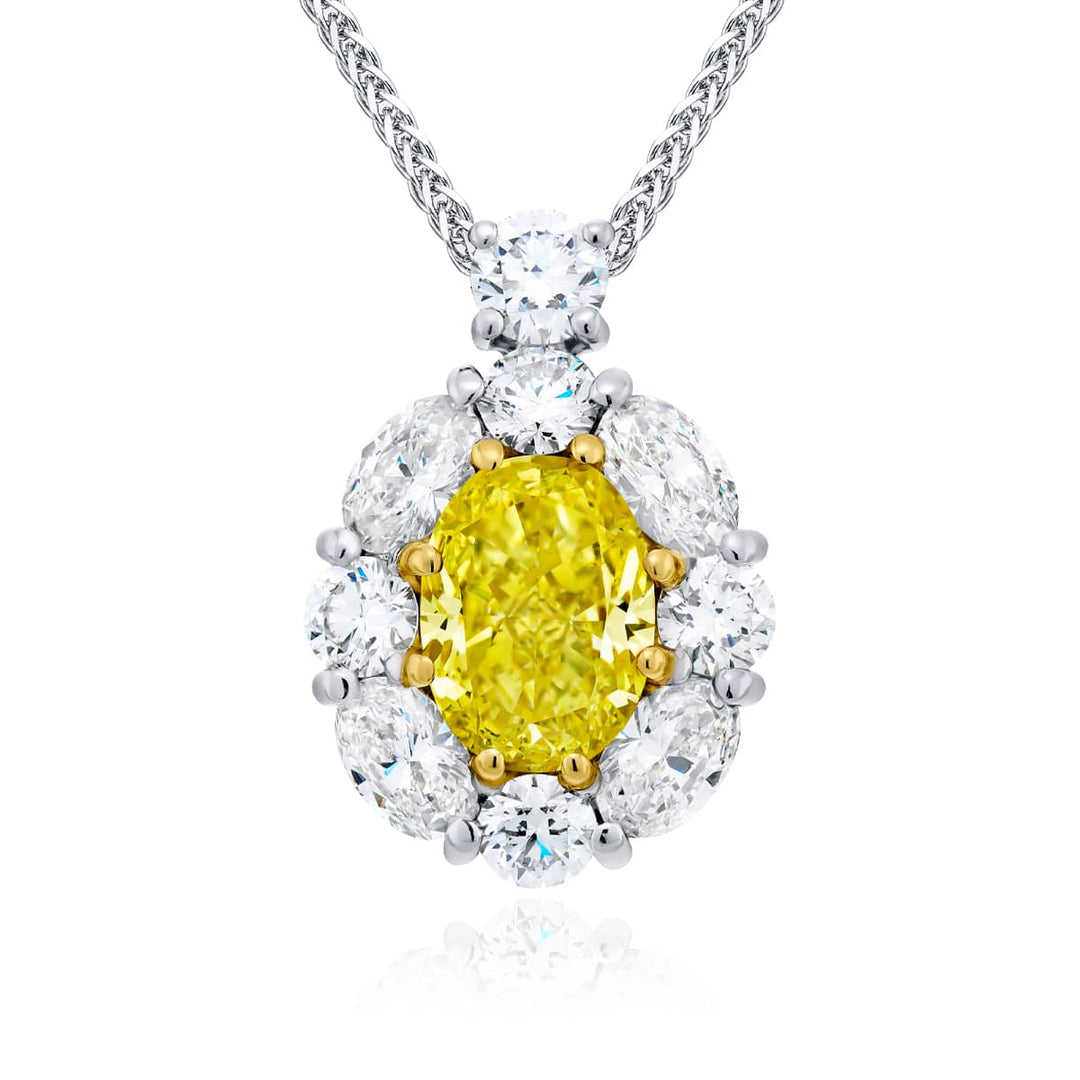 Platinum and 18K Yellow Gold Oval Fancy Intense Yellow Diamond Certified Pendant
