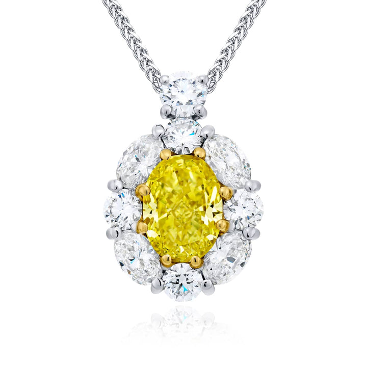 Platinum and 18K Yellow Gold Oval Fancy Intense Yellow Diamond Certified Pendant