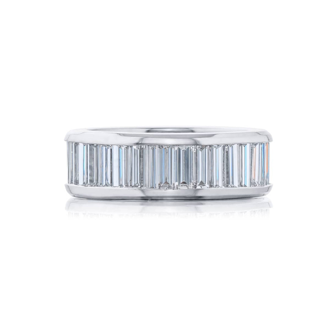 Alluring Eternity: Our classic Channel Diamond Band. These thirty-eight gorgeous tapered baguette diamonds are handcrafted in pure platinum.