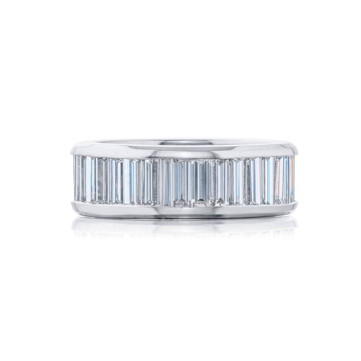 Alluring Eternity: Our classic Channel Diamond Band. These thirty-eight gorgeous tapered baguette diamonds are handcrafted in pure platinum.