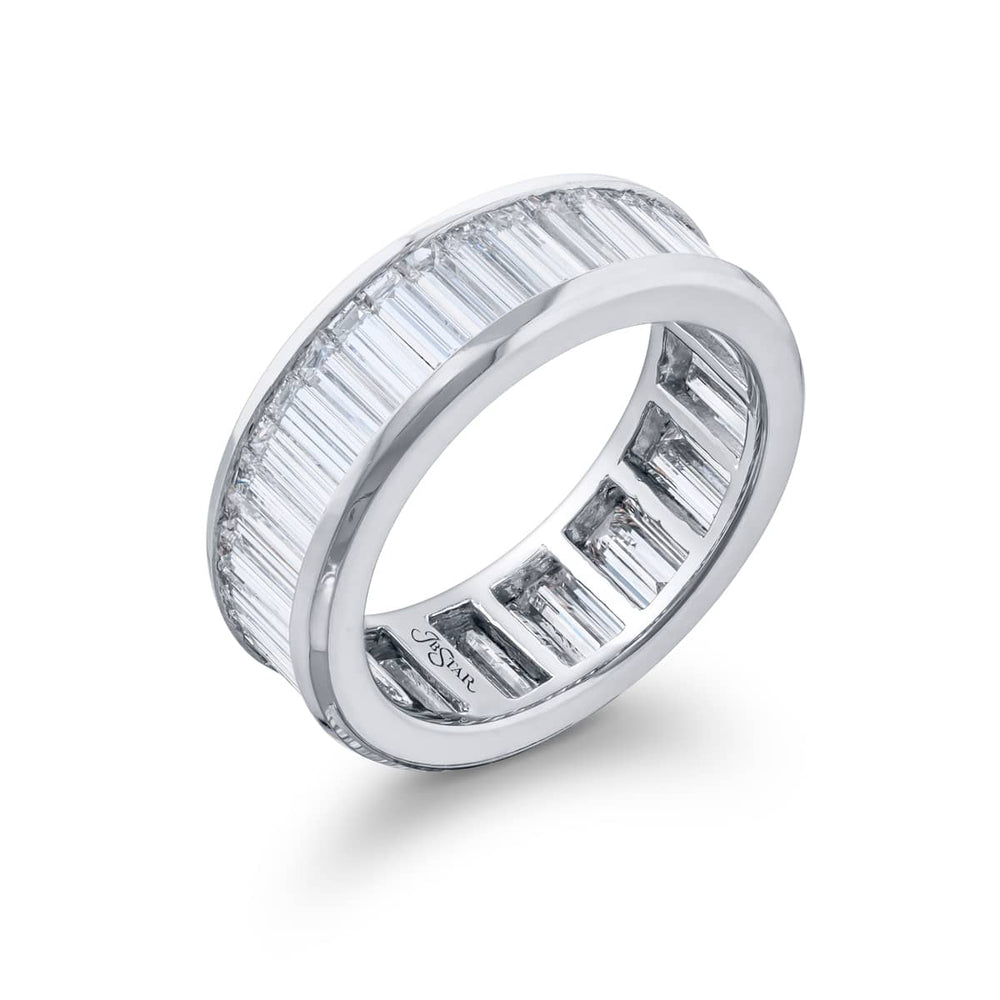 Alluring Eternity: Our classic Channel Diamond Band. These thirty-eight gorgeous tapered baguette diamonds are handcrafted in pure platinum.