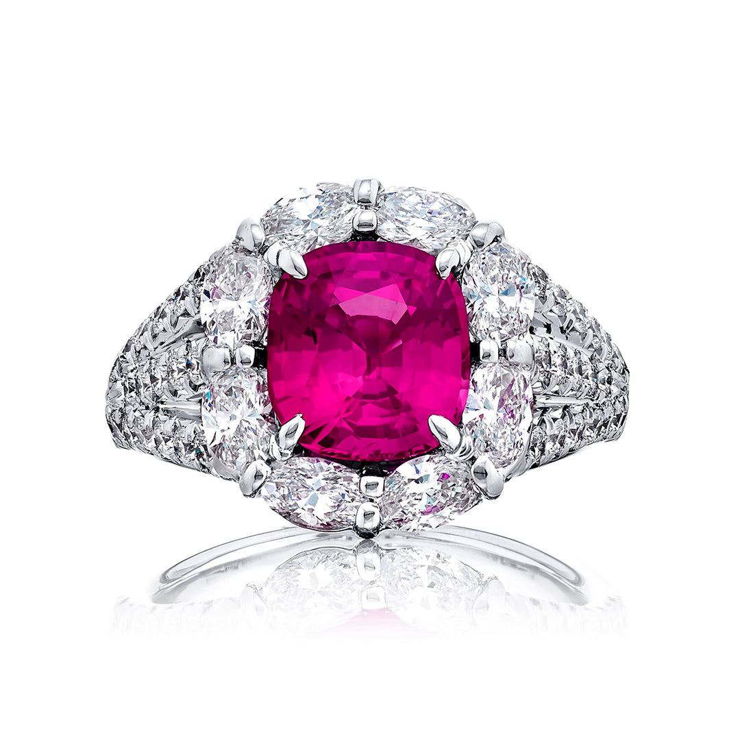 2.67 ct. Certified Burmese Cushion-Cut Pink Sapphire & Oval Diamond Ring in Platinum