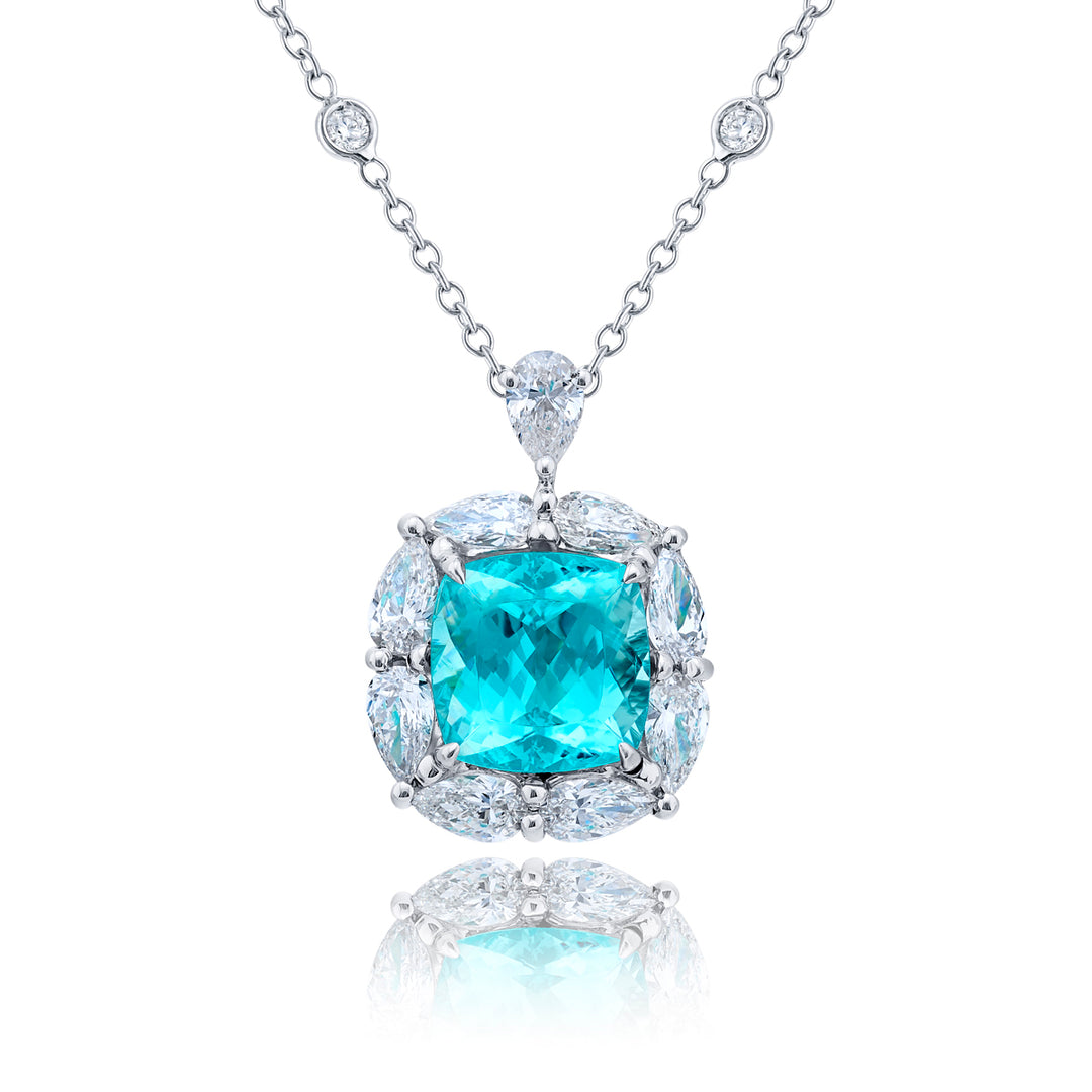 Platinum Cushion-Cut Paraiba and Pear-Shaped Diamond Certified Pendant