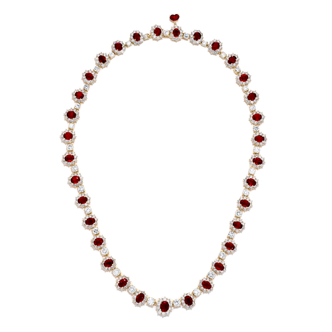 18K Yellow Gold Oval Burmese Rubies and Diamond Certified Necklace