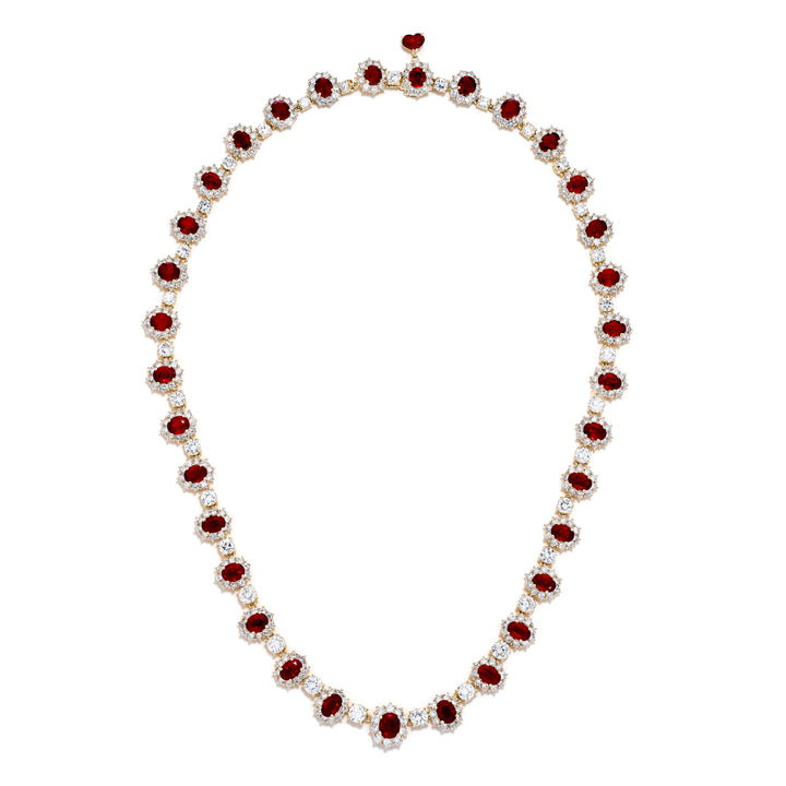 18K Yellow Gold Oval Burmese Rubies and Diamond Certified Necklace