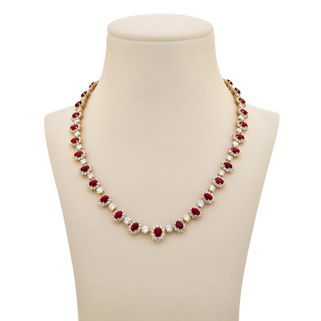 18K Yellow Gold Oval Burmese Rubies and Diamond Certified Necklace
