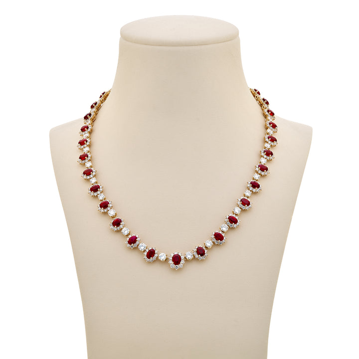 18K Yellow Gold Oval Burmese Rubies and Diamond Certified Necklace