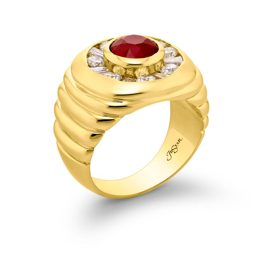 Suave Sophistication: Our dapper 2.87 ct. certified Burmese Ruby Gentleman?s Ring. This stunning round ruby surrounded by dazzling round and tapered baguette diamonds is handcrafted in 18KY gold.