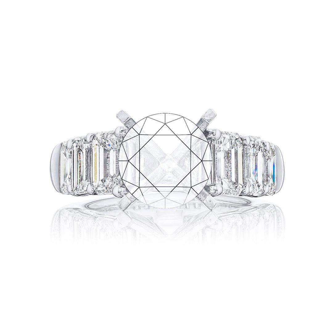Beautiful diamond semi-mount featuring 6 emerald-cut diamonds in a shared prong setting. Handcrafted in pure platinum
