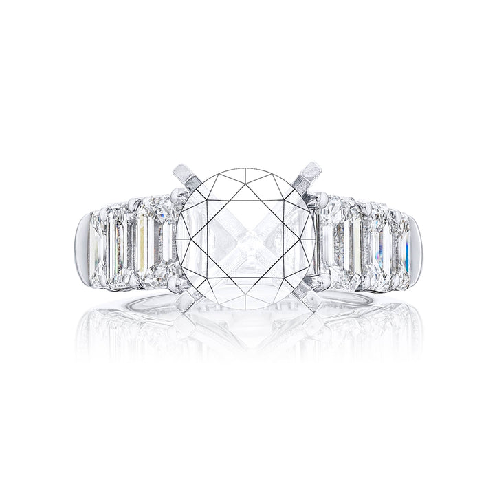 Beautiful diamond semi-mount featuring 6 emerald-cut diamonds in a shared prong setting. Handcrafted in pure platinum