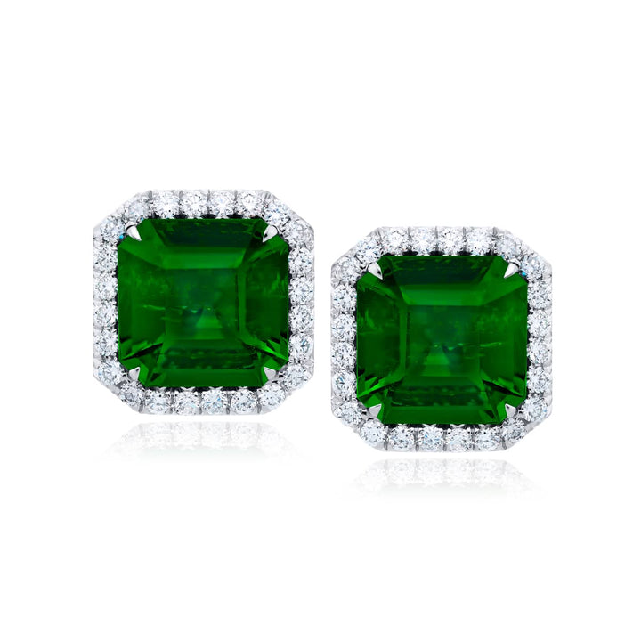 Platinum Square Emerald-Cut Emerald Certified Stud Earrings
