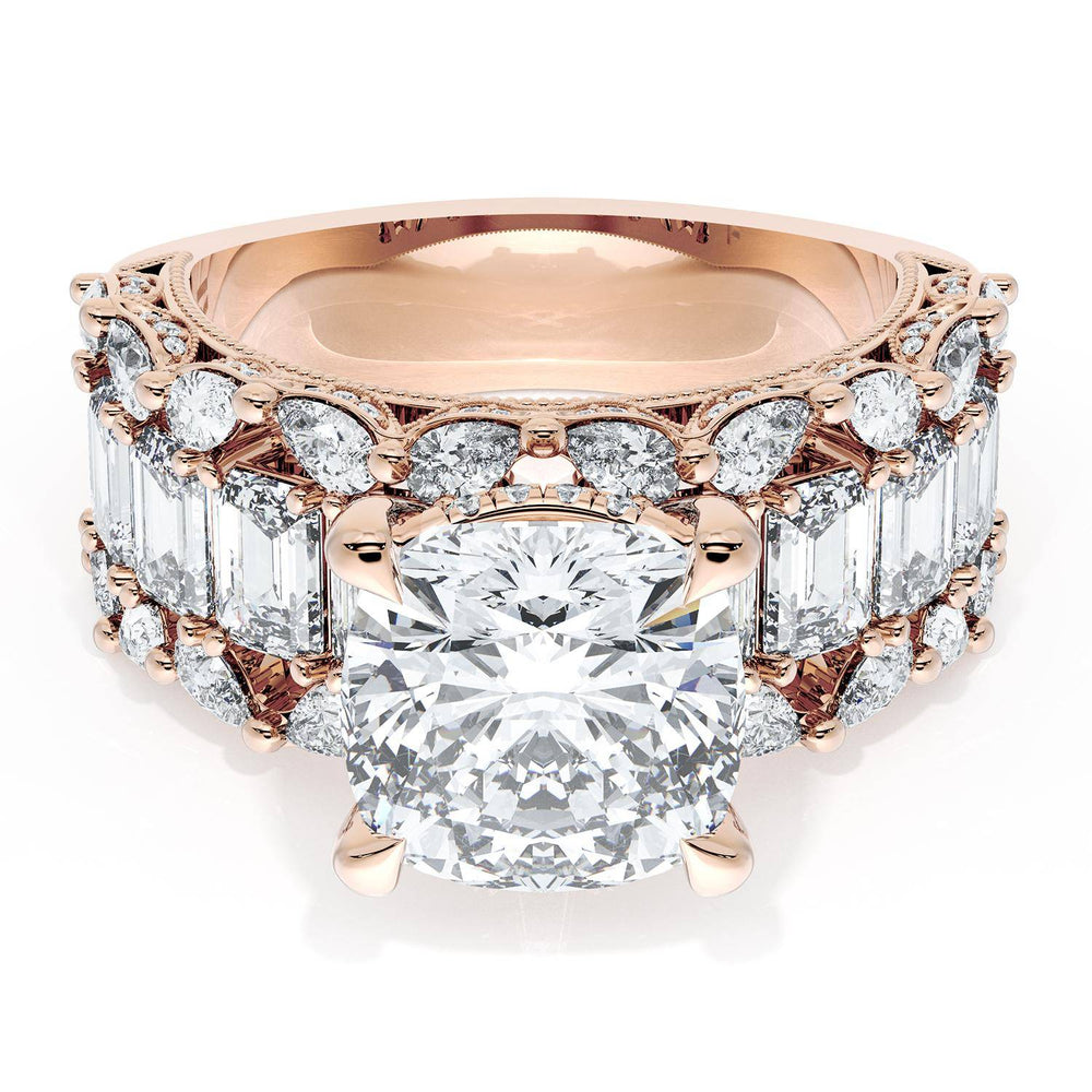Cushion Solitaire Engagement Ring w/ Emerald & Pear Band