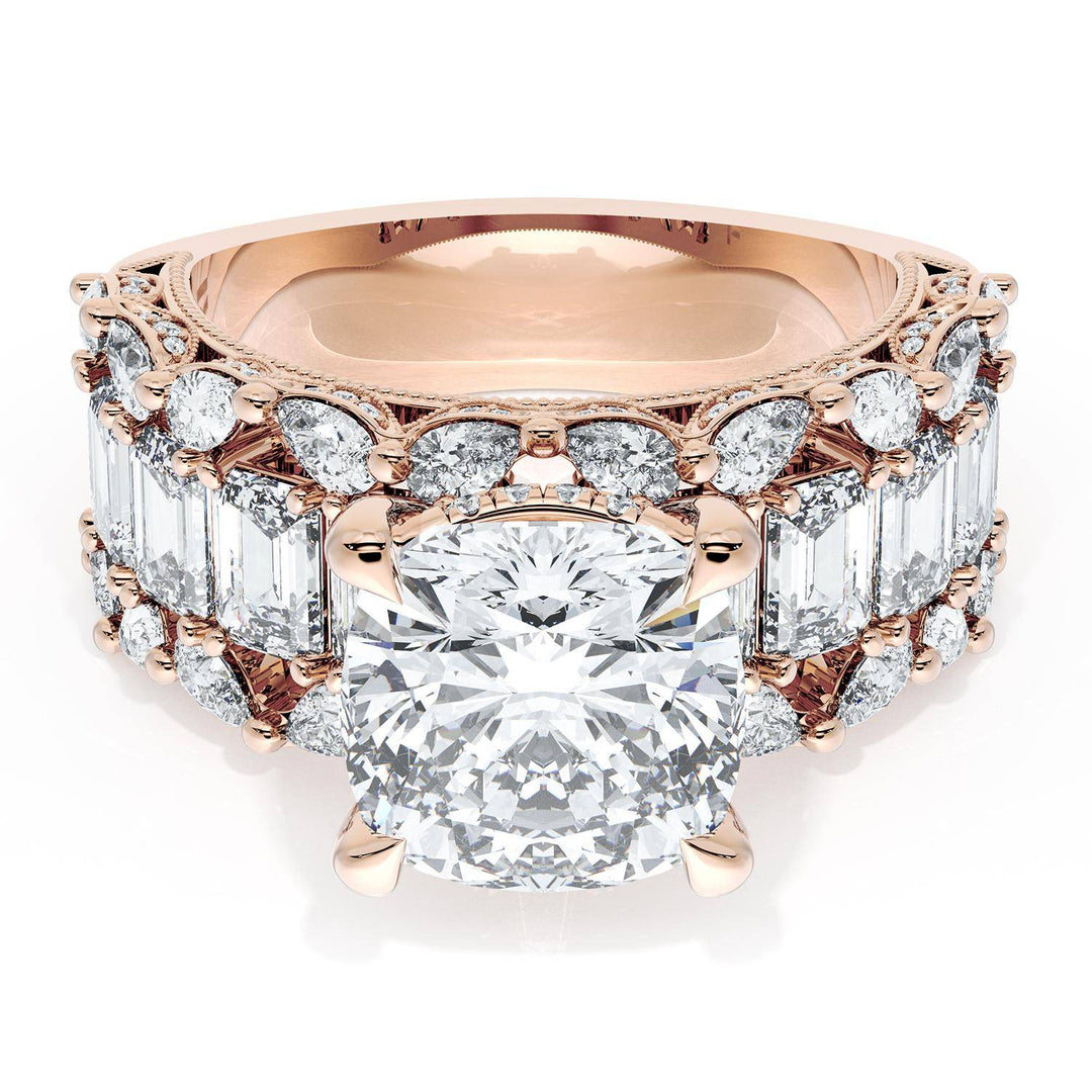 Cushion Solitaire Engagement Ring w/ Emerald & Pear Band