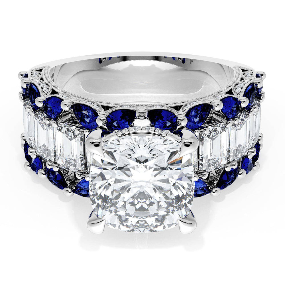 Cushion Solitaire Engagement Ring w/ Emerald & Pear Band