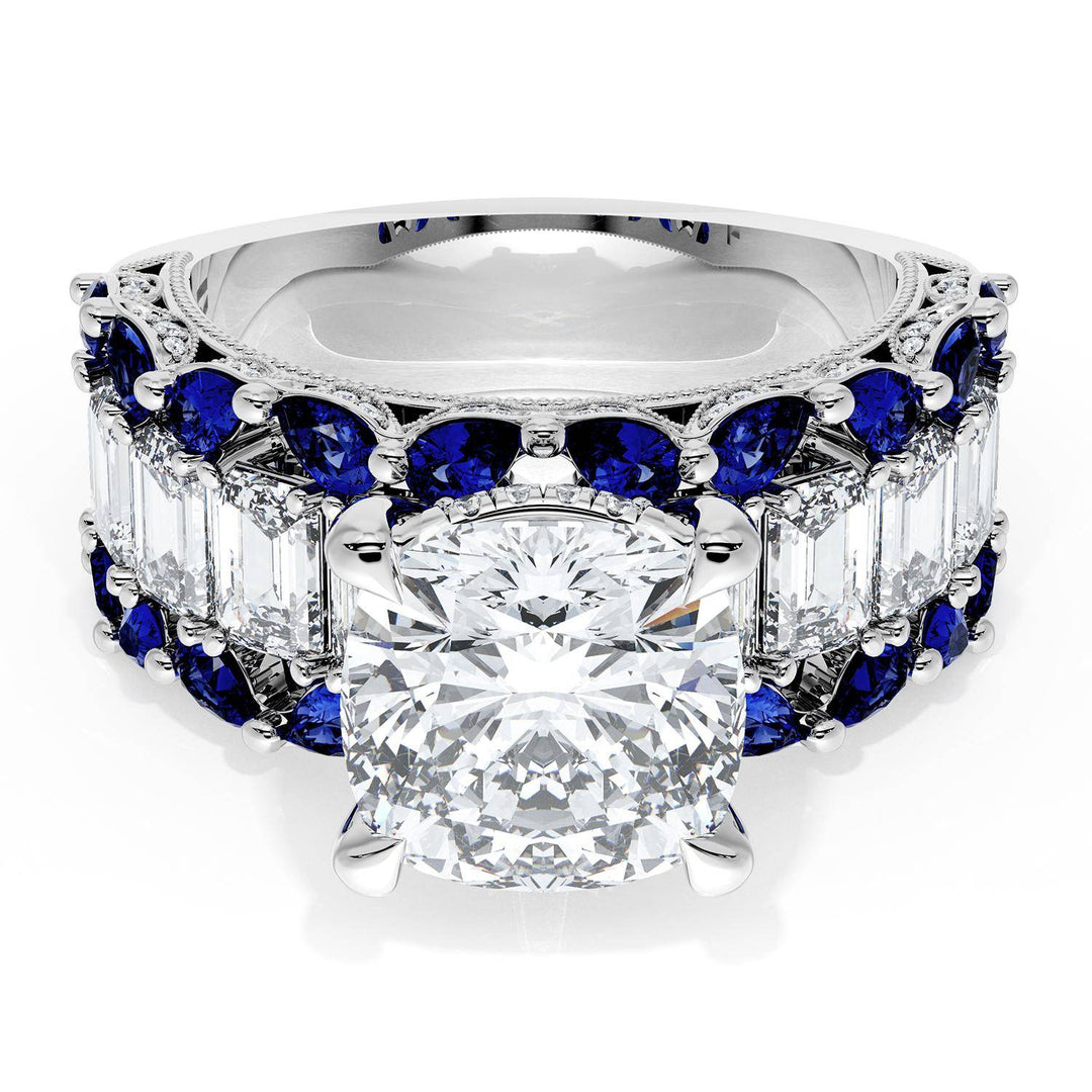 Cushion Solitaire Engagement Ring w/ Emerald & Pear Band